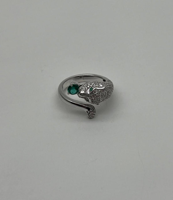 White Snow Leopard Panther Diamond Pave Set Emerald Eyes 14K White Gold Ring