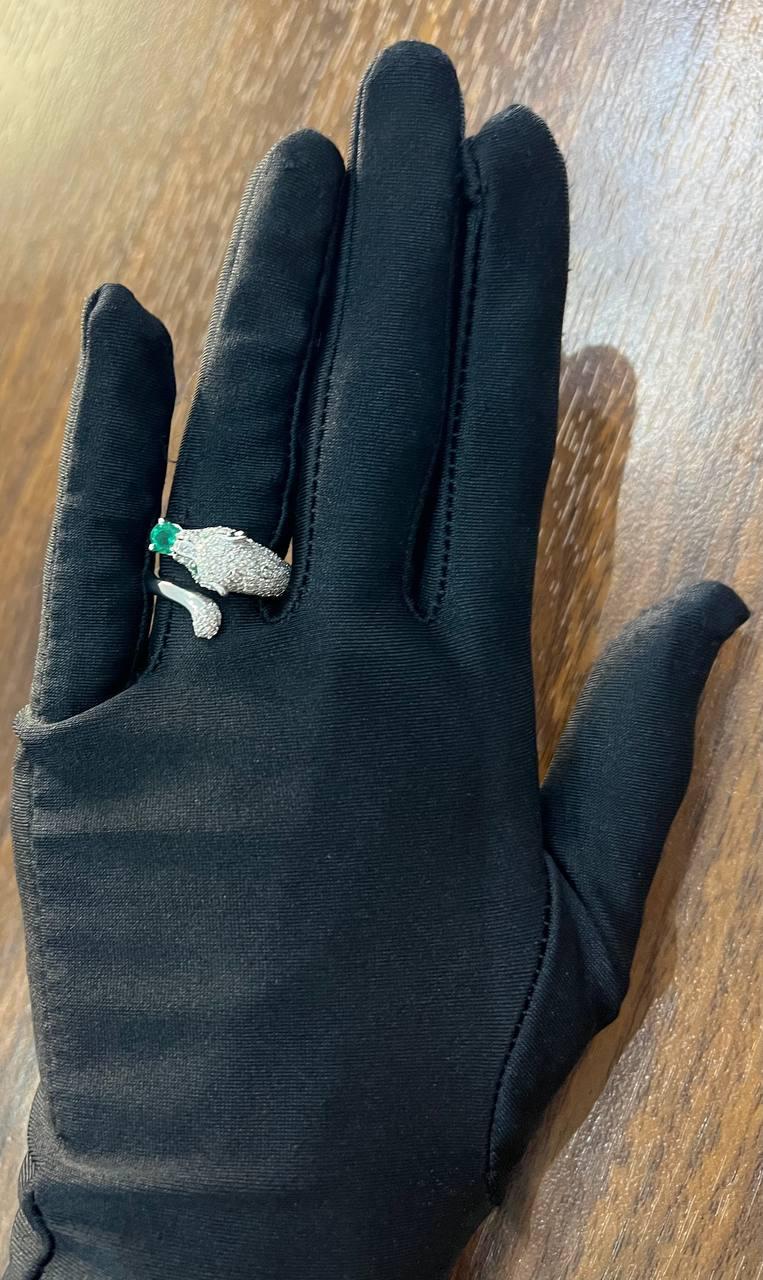 white snow leopard panther diamond pave set emerald eyes 14k white gold ring
