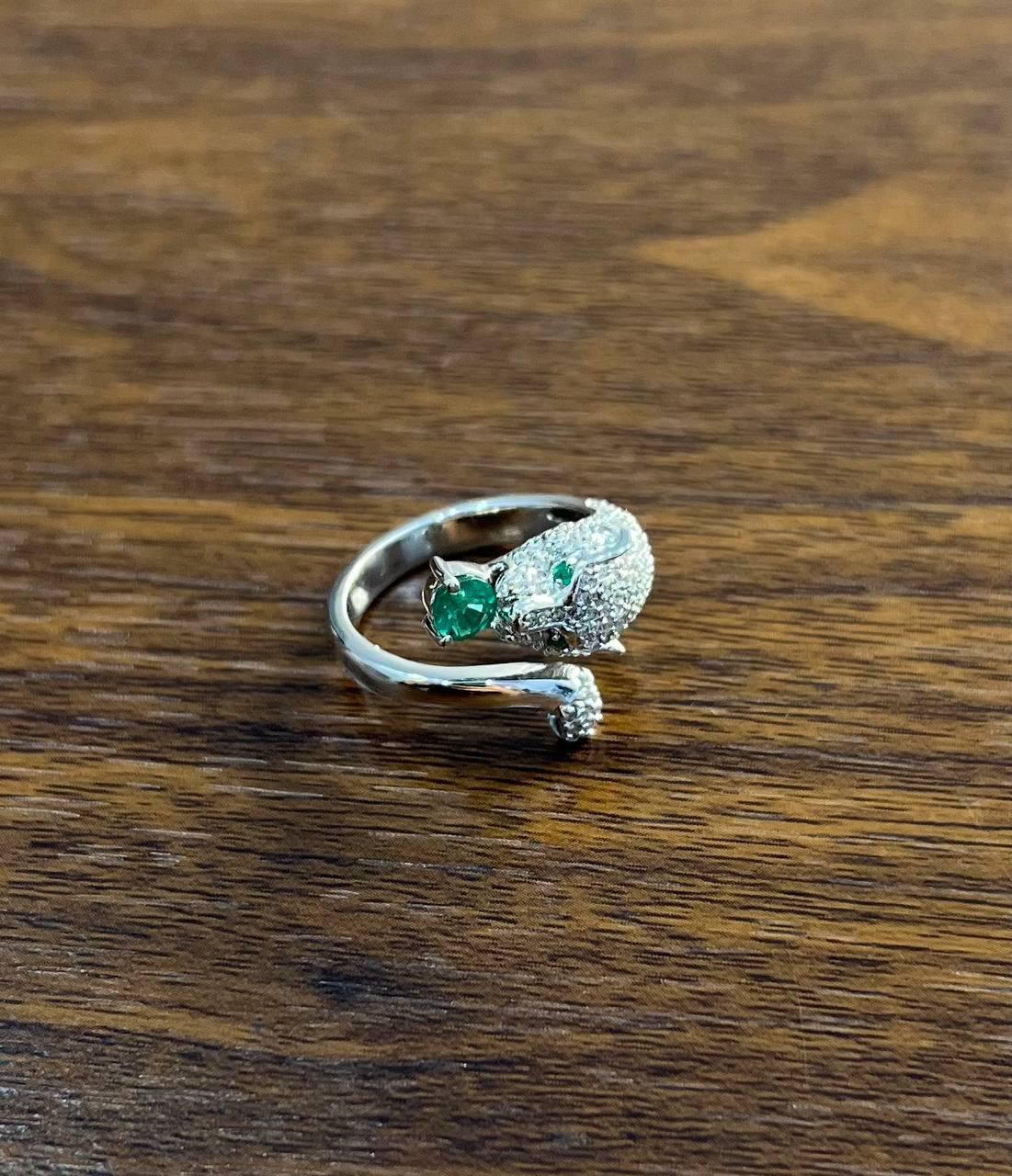 white snow leopard panther diamond pave set emerald eyes 14k white gold ring