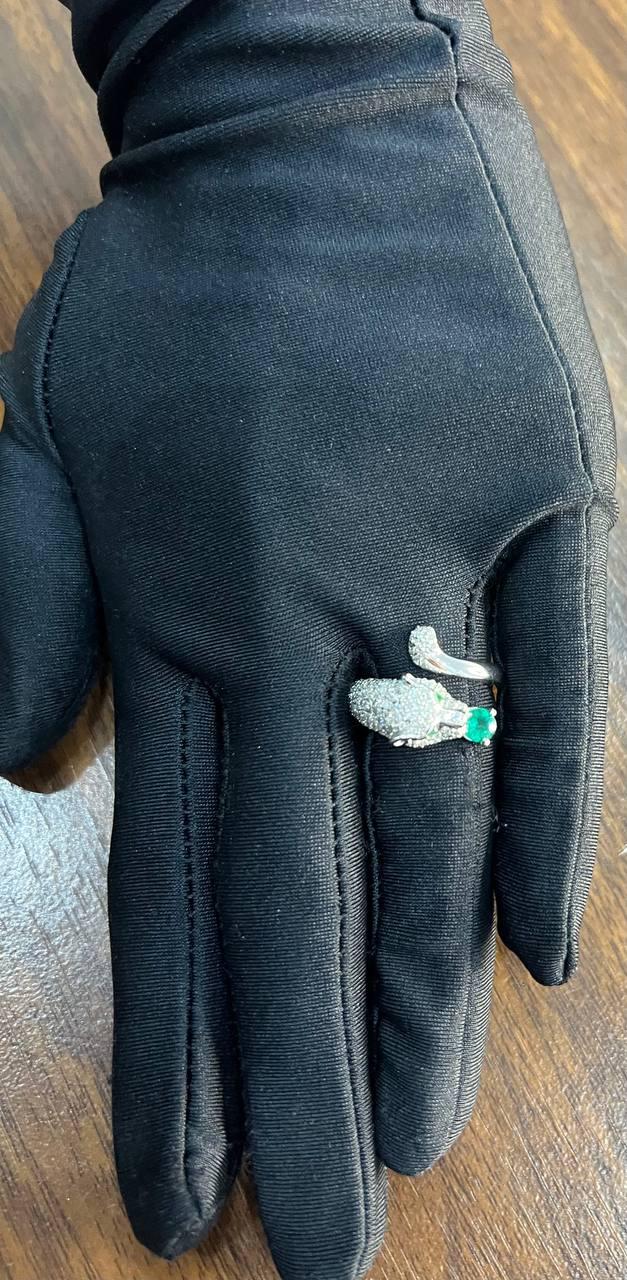 white snow leopard panther diamond pave set emerald eyes 14k white gold ring
