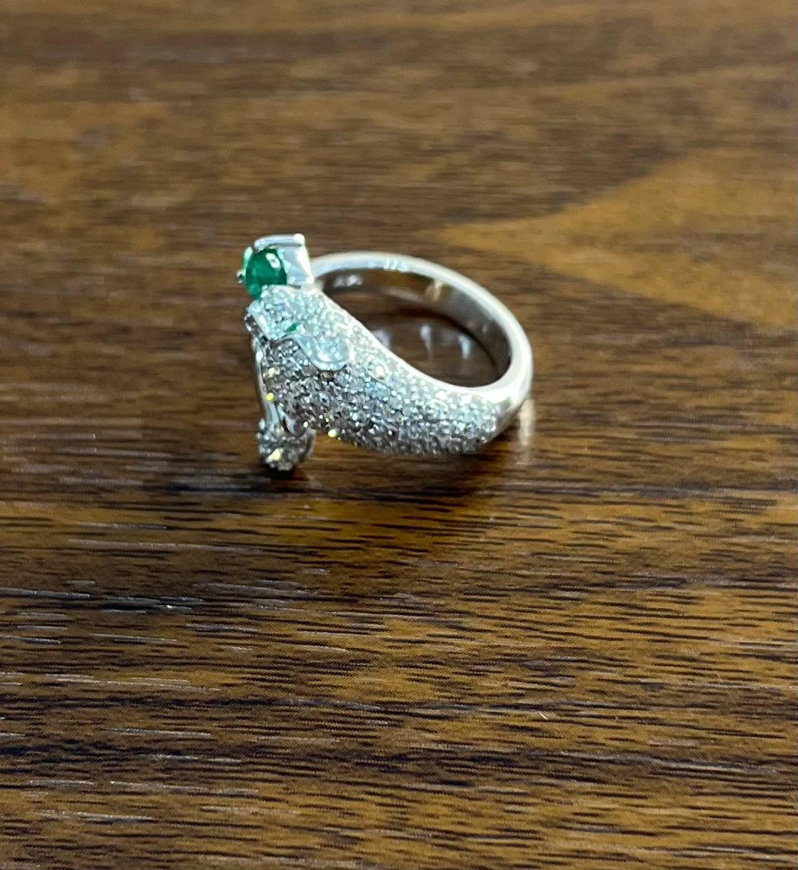 White Snow Leopard Panther Diamond Pave Set Emerald Eyes 14K White Gold Ring