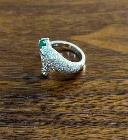 White Snow Leopard Panther Diamond Pave Set Emerald Eyes 14K White Gold Ring