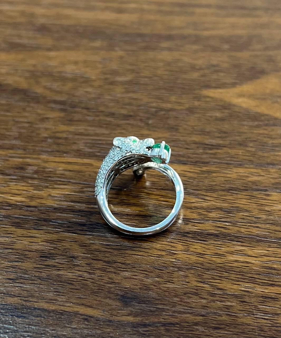 white snow leopard panther diamond pave set emerald eyes 14k white gold ring