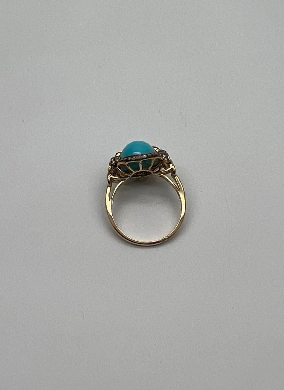 Oval Shape Blue Teal Turquoise Diamond Halo Pave 14K Yellow Gold Ring