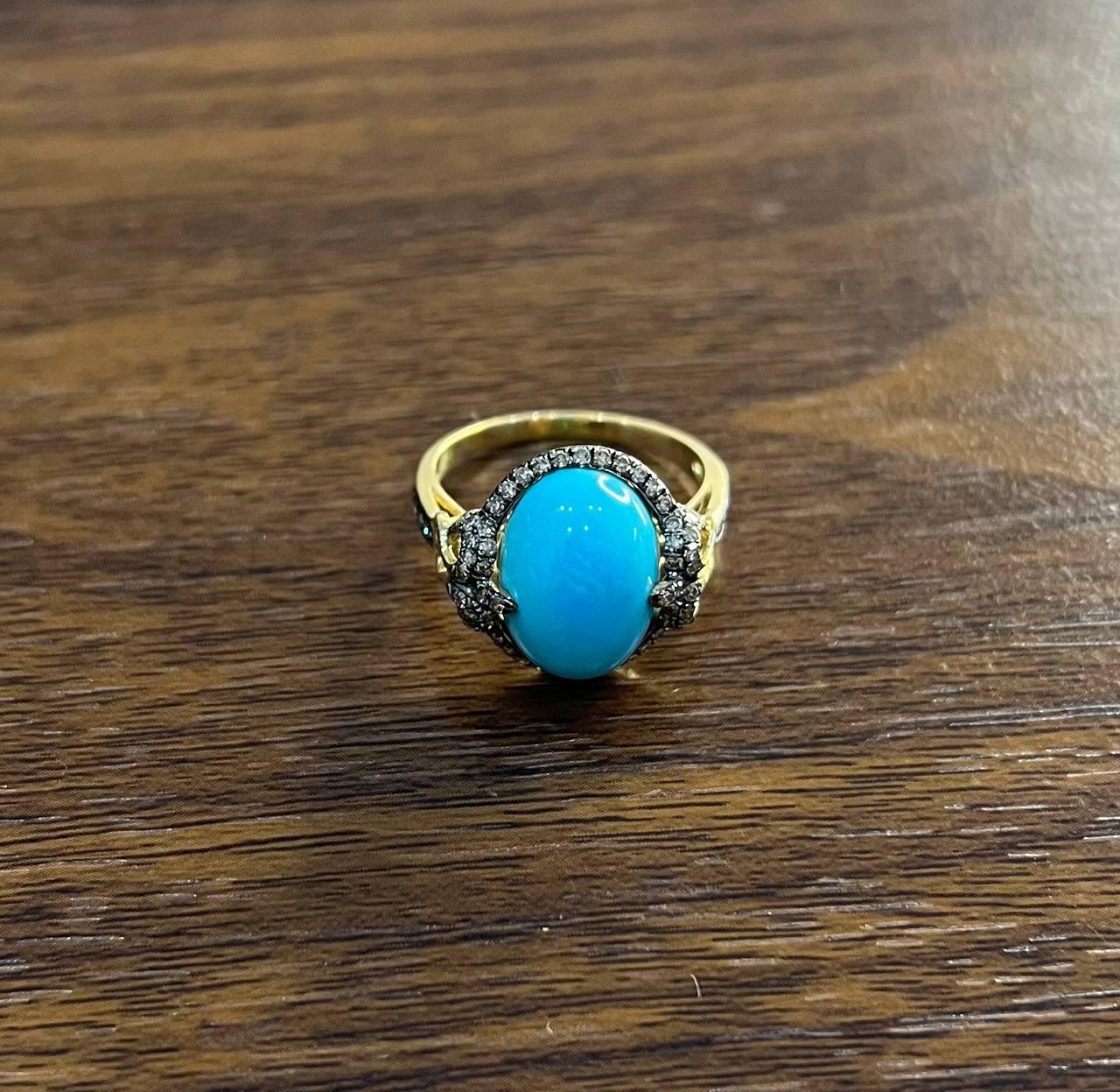 Oval Shape Blue Teal Turquoise Diamond Halo Pave 14K Yellow Gold Ring