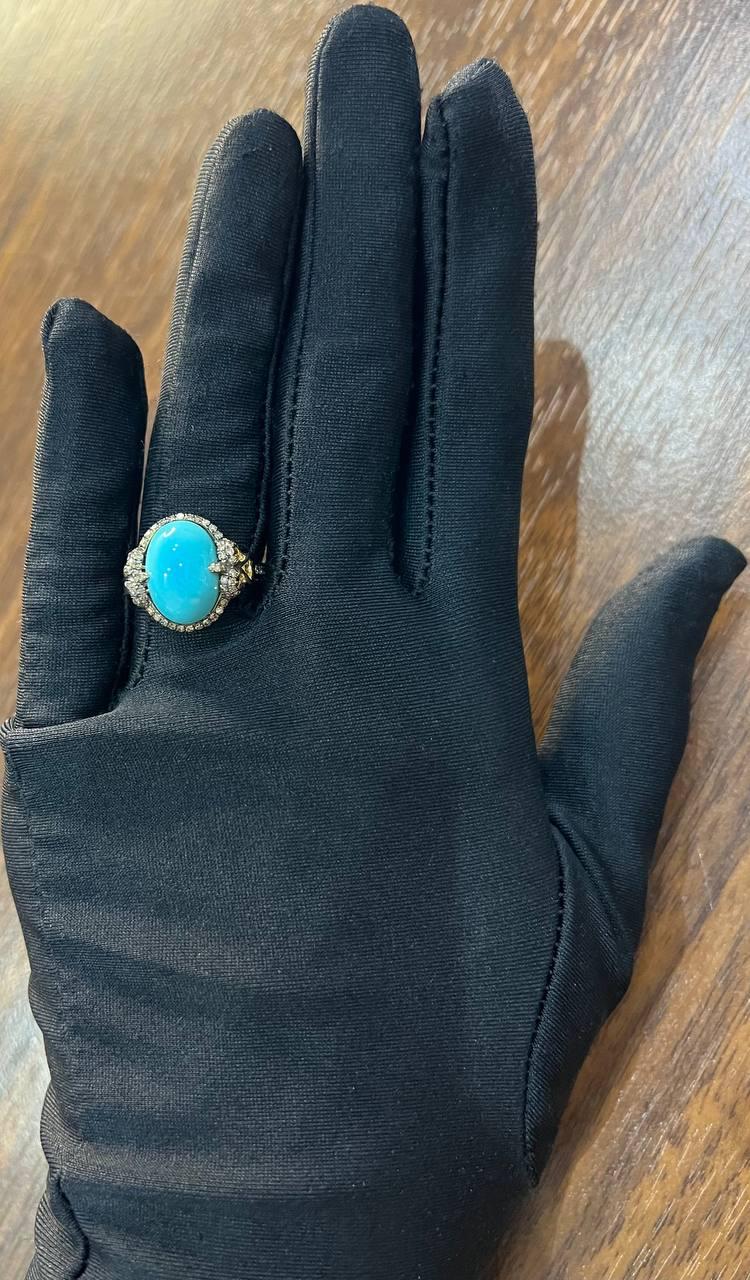 Oval Shape Blue Teal Turquoise Diamond Halo Pave 14K Yellow Gold Ring