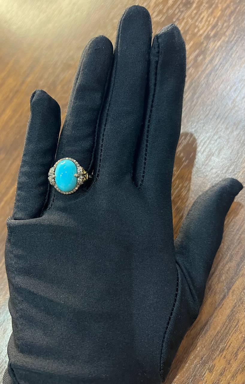 Oval Shape Blue Teal Turquoise Diamond Halo Pave 14K Yellow Gold Ring