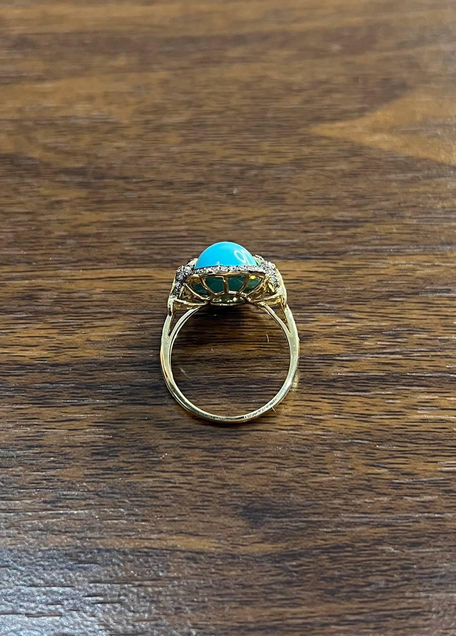 Oval Shape Blue Teal Turquoise Diamond Halo Pave 14K Yellow Gold Ring