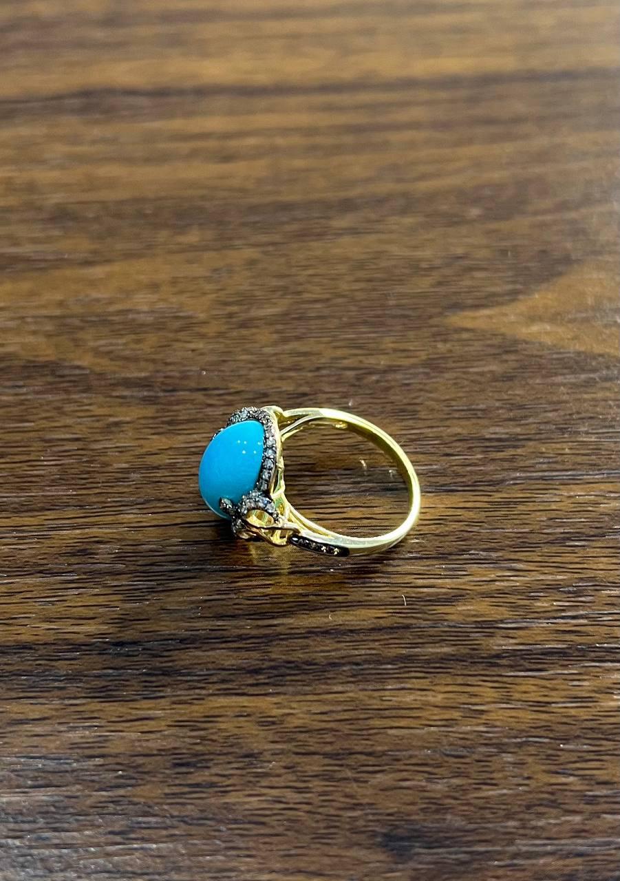 Oval Shape Blue Teal Turquoise Diamond Halo Pave 14K Yellow Gold Ring