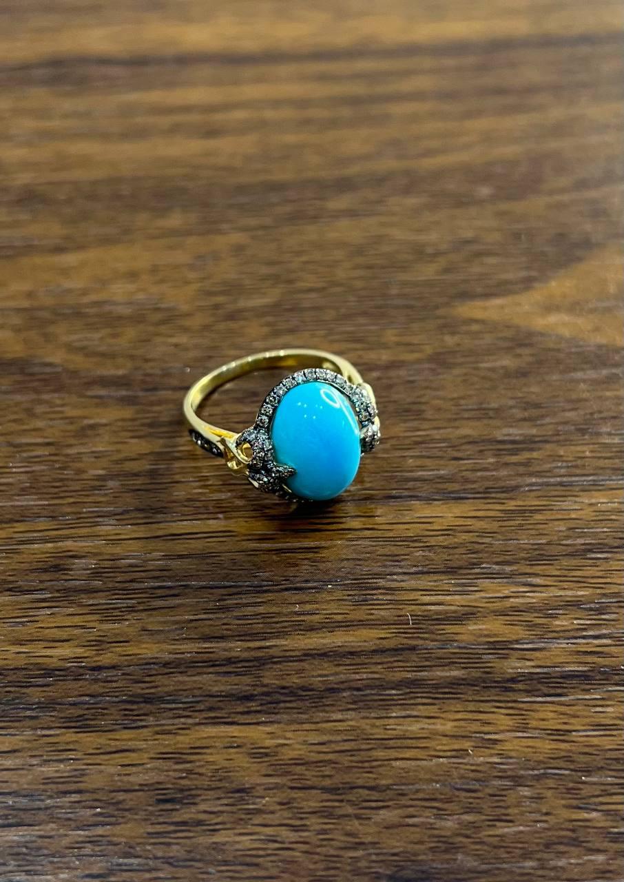 Oval Shape Blue Teal Turquoise Diamond Halo Pave 14K Yellow Gold Ring