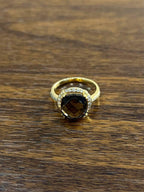 Cushion Shape Checkerboard Brown Smoky Quartz 14K Yellow Gold Diamond Halo Ring