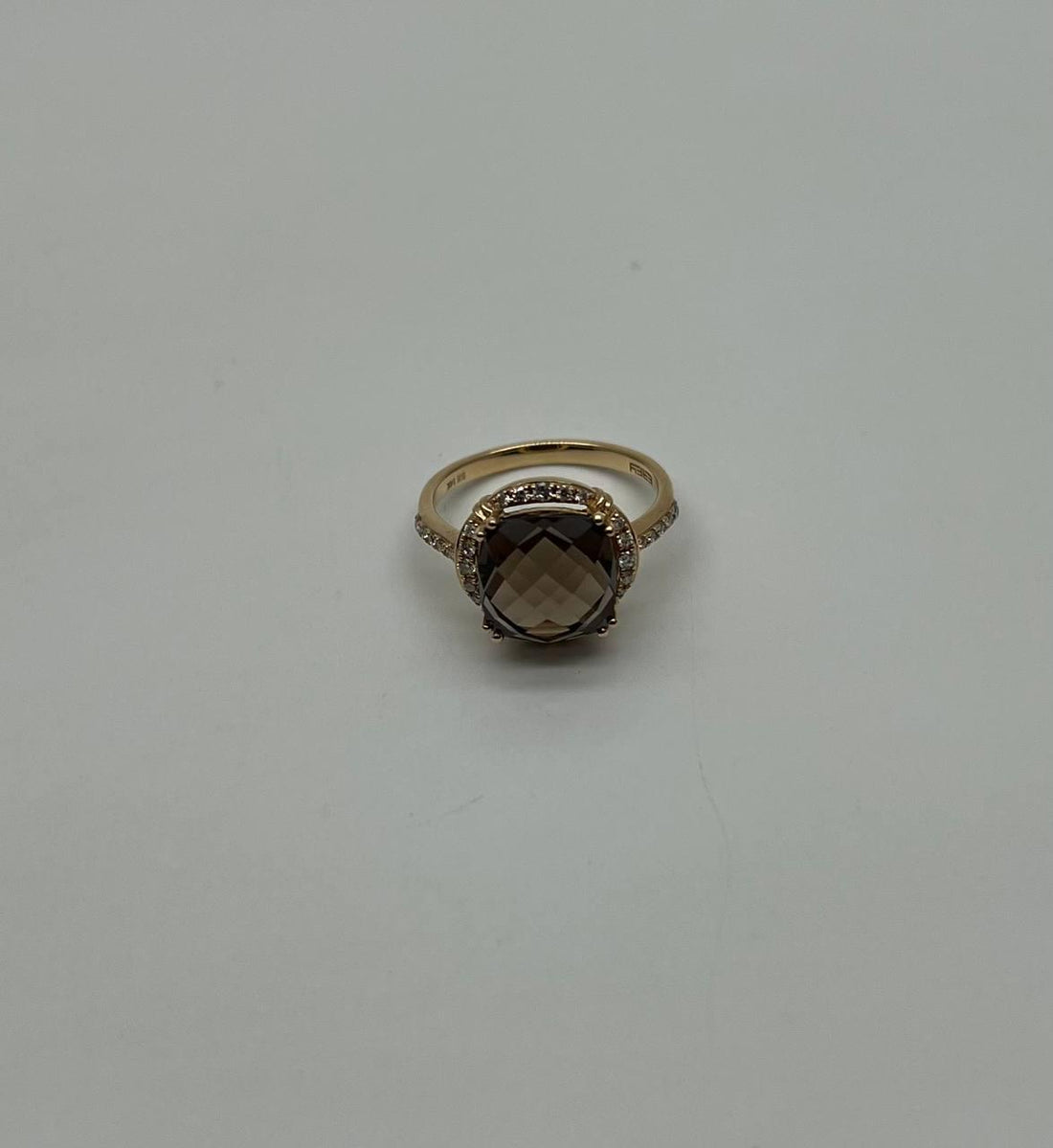 Cushion Shape Checkerboard Brown Smoky Quartz 14K Yellow Gold Diamond Halo Ring