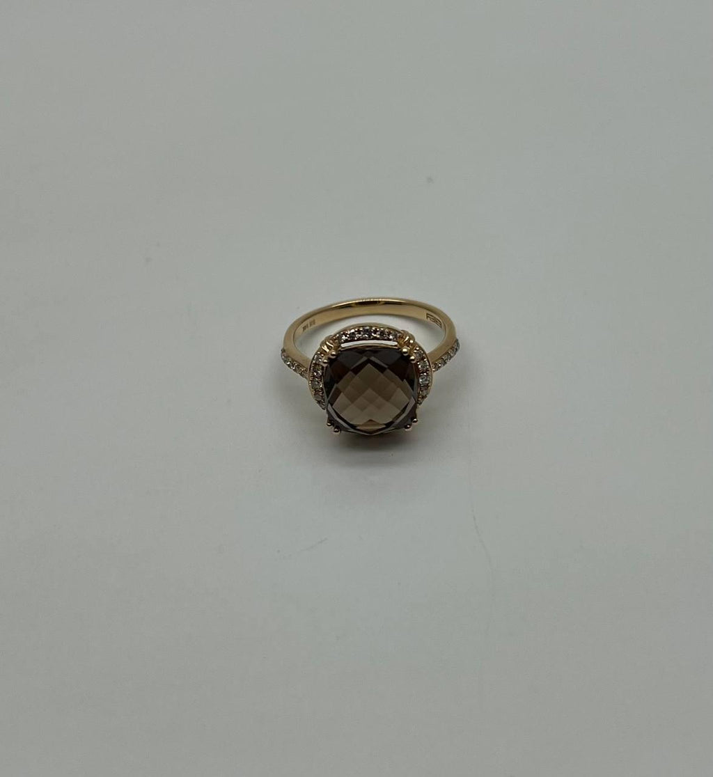 Cushion Shape Checkerboard Brown Smoky Quartz 14K Yellow Gold Diamond Halo Ring