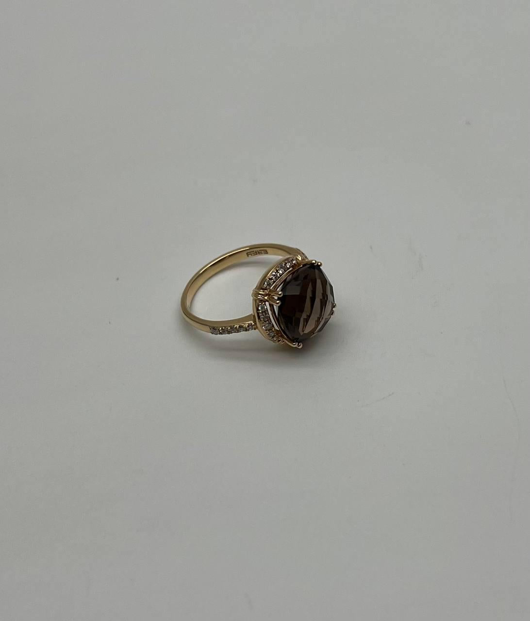 Cushion Shape Checkerboard Brown Smoky Quartz 14K Yellow Gold Diamond Halo Ring