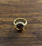 Cushion Shape Checkerboard Brown Smoky Quartz 14K Yellow Gold Diamond Halo Ring
