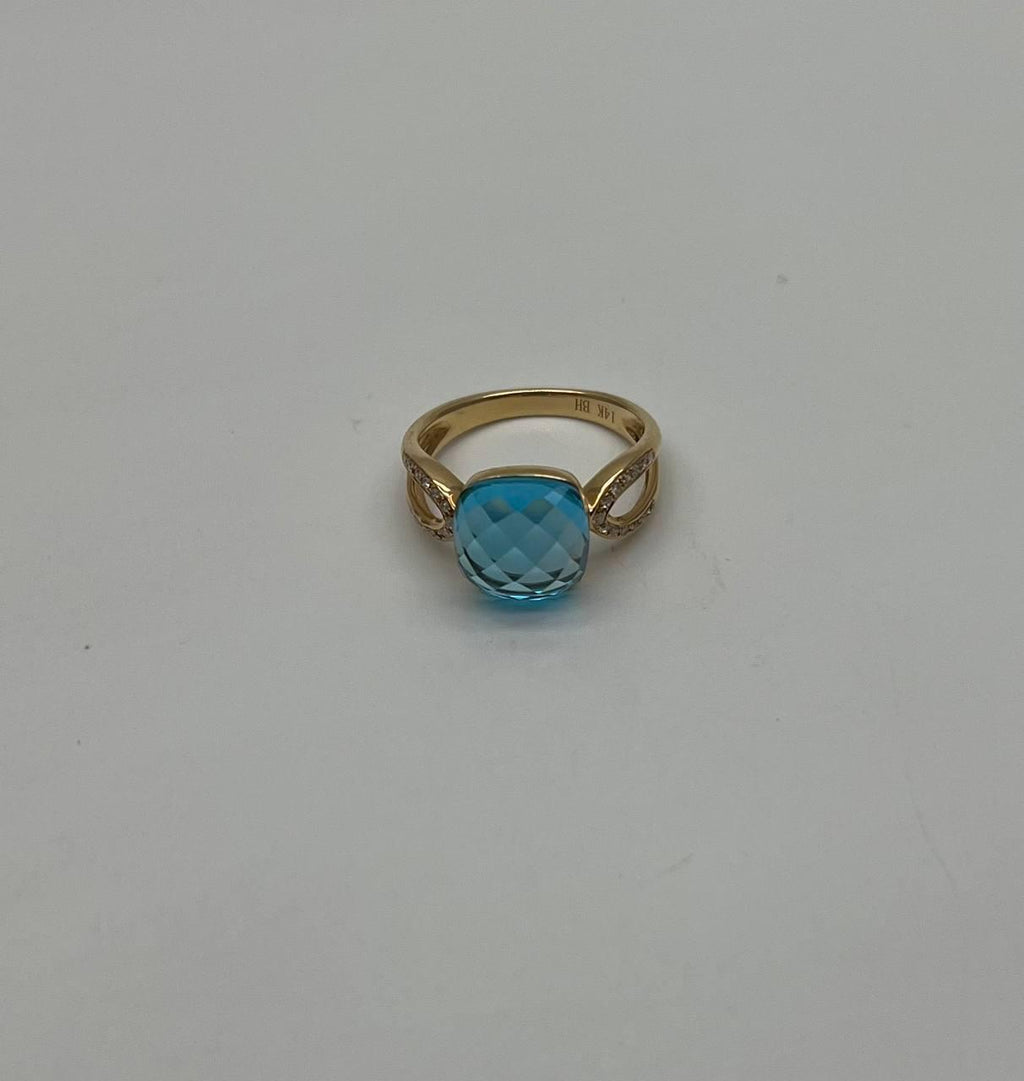 Cushion Shape Swiss Blue Topaz Split Shank 14K Yellow Gold Diamonds Fashion Ring