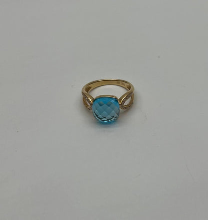 Cushion Shape Swiss Blue Topaz Split Shank 14K Yellow Gold Diamonds Fashion Ring