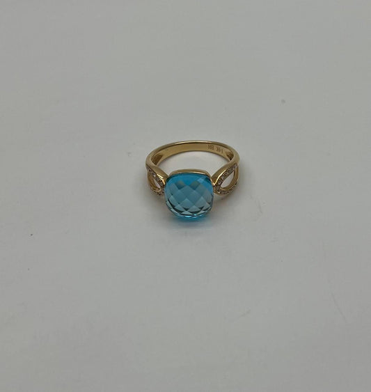 Cushion Shape Swiss Blue Topaz Split Shank 14K Yellow Gold Diamonds Fashion Ring