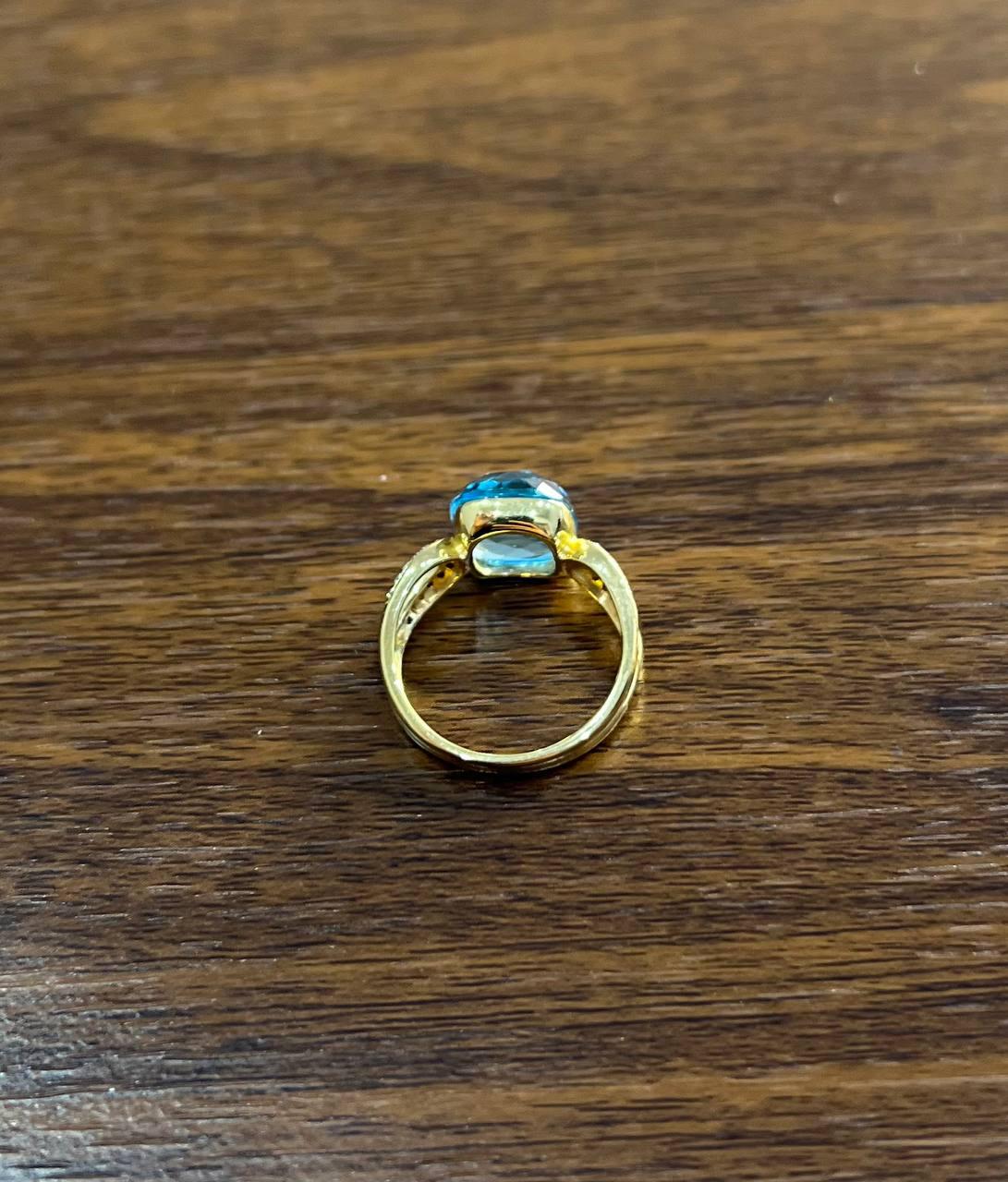 Cushion Shape Swiss Blue Topaz Split Shank 14K Yellow Gold Diamonds Fashion Ring