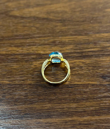 Cushion Shape Swiss Blue Topaz Split Shank 14K Yellow Gold Diamonds Fashion Ring