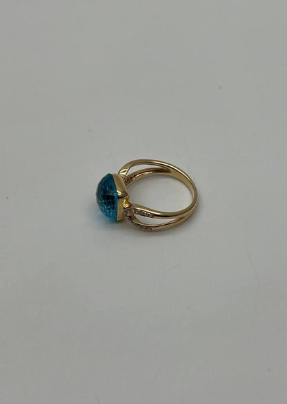Cushion Shape Swiss Blue Topaz Split Shank 14K Yellow Gold Diamonds Fashion Ring