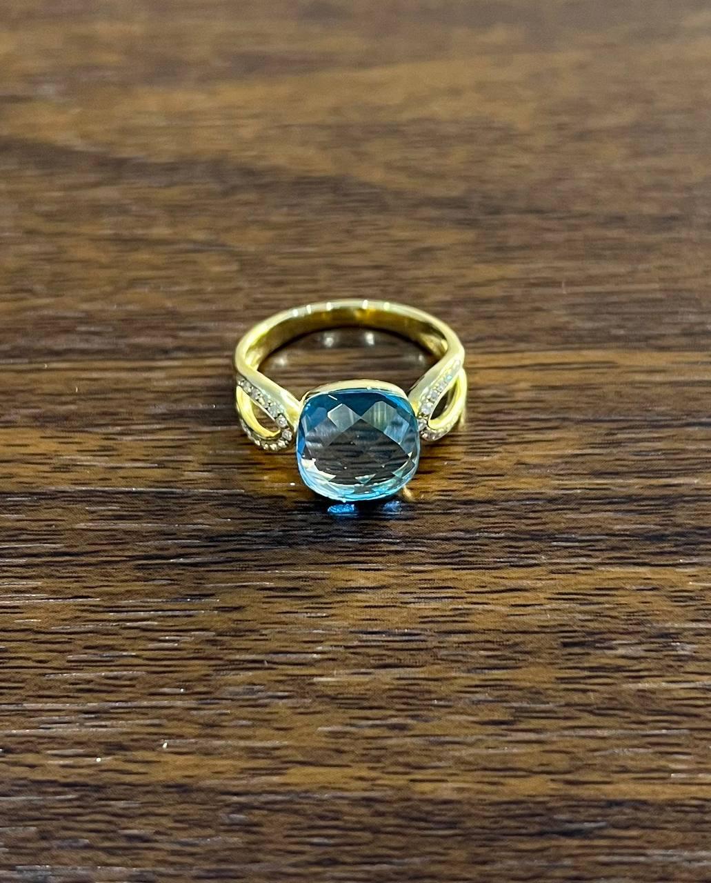 Cushion Shape Swiss Blue Topaz Split Shank 14K Yellow Gold Diamonds Fashion Ring