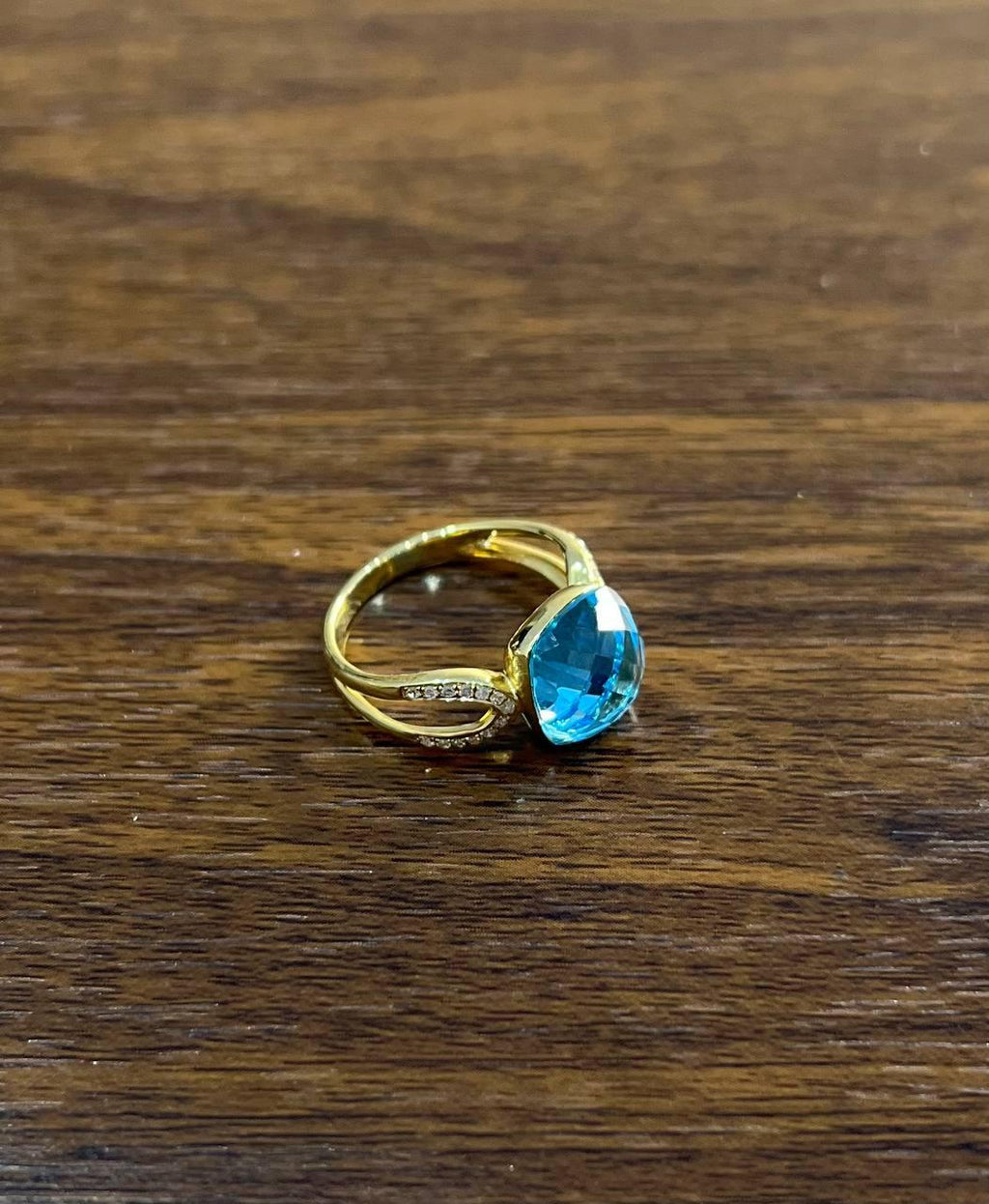 Cushion Shape Swiss Blue Topaz Split Shank 14K Yellow Gold Diamonds Fashion Ring