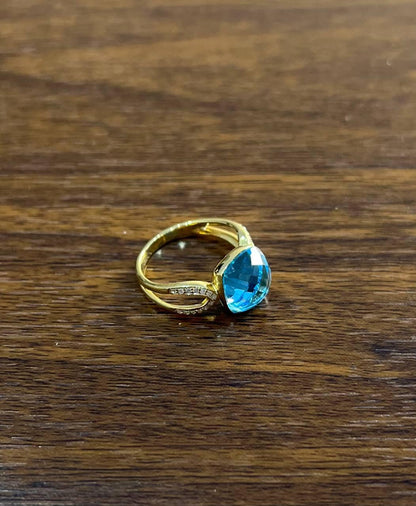 Cushion Shape Swiss Blue Topaz Split Shank 14K Yellow Gold Diamonds Fashion Ring