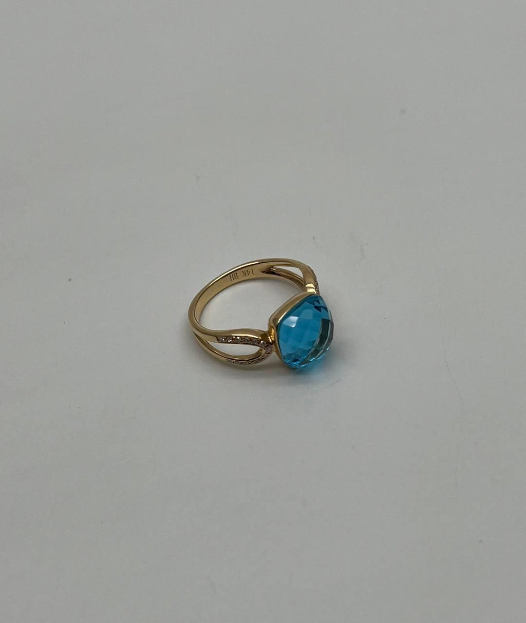 Cushion Shape Swiss Blue Topaz Split Shank 14K Yellow Gold Diamonds Fashion Ring