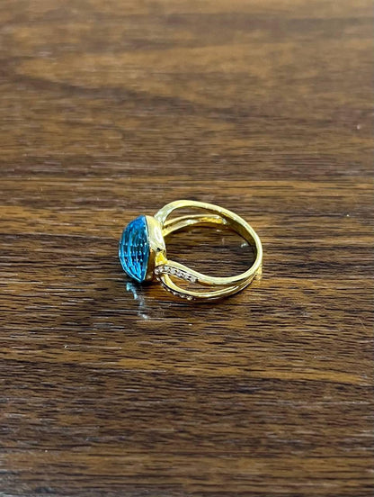 Cushion Shape Swiss Blue Topaz Split Shank 14K Yellow Gold Diamonds Fashion Ring