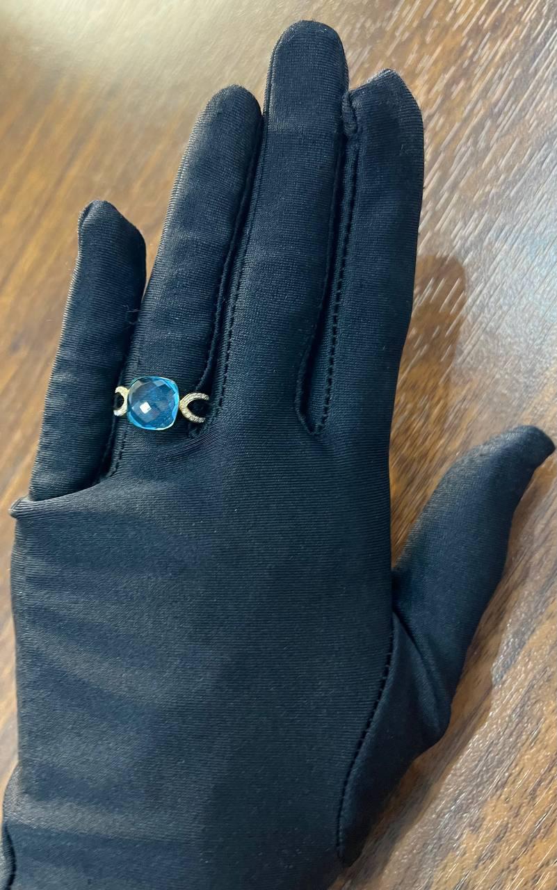 Cushion Shape Swiss Blue Topaz Split Shank 14K Yellow Gold Diamonds Fashion Ring