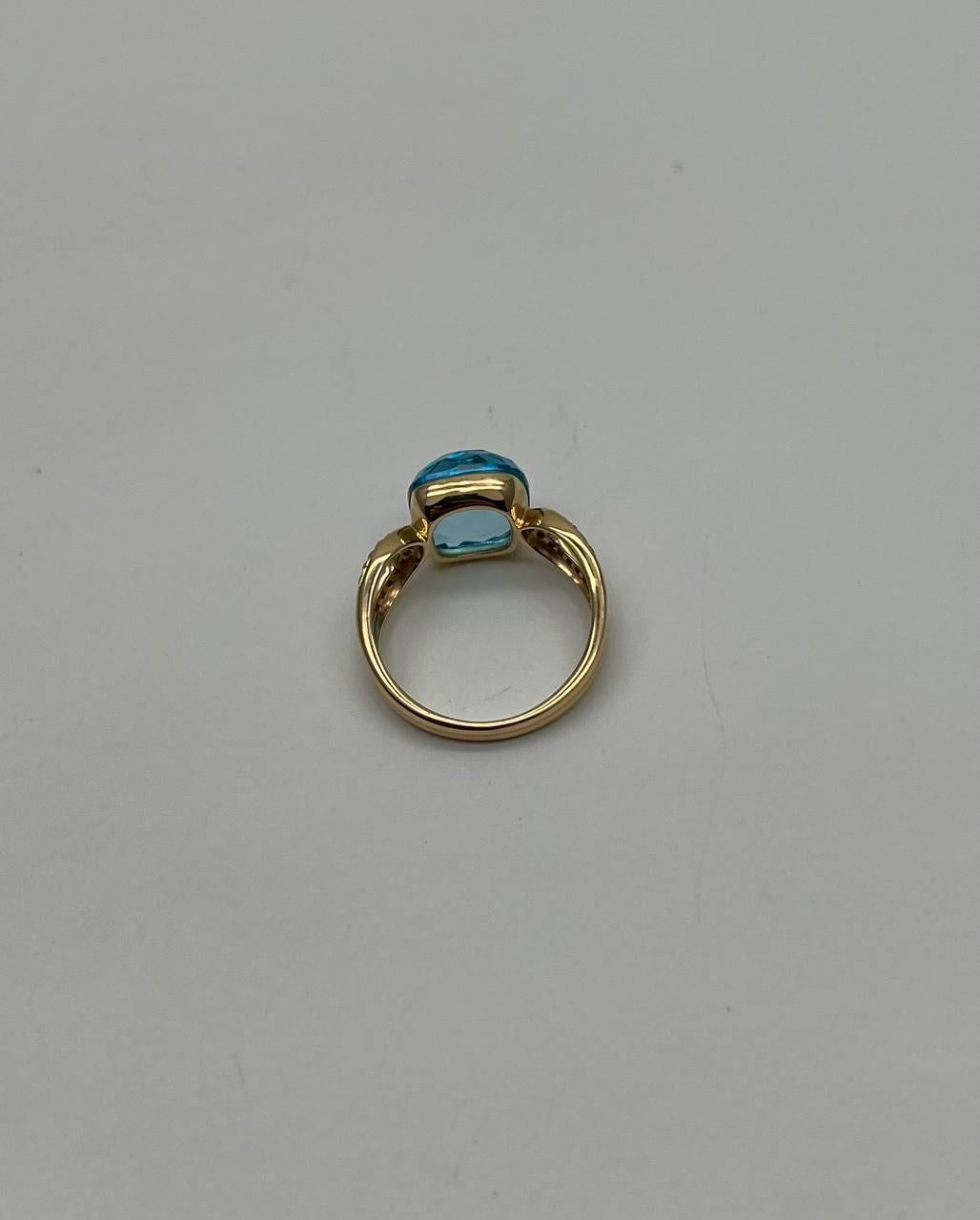 Cushion Shape Swiss Blue Topaz Split Shank 14K Yellow Gold Diamonds Fashion Ring