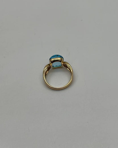 Cushion Shape Swiss Blue Topaz Split Shank 14K Yellow Gold Diamonds Fashion Ring