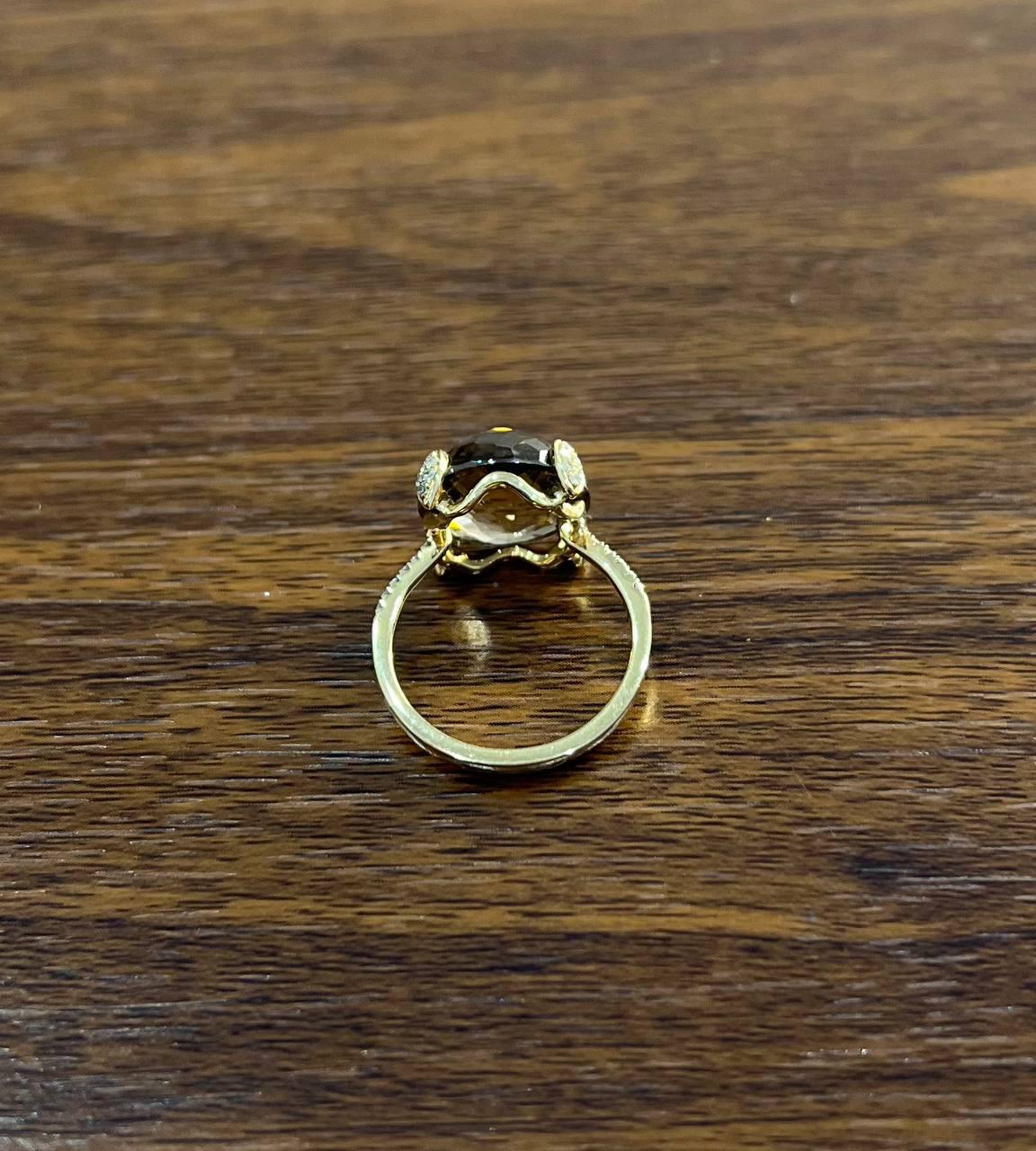Round Shape Brown Smoky Quartz Diamond Accented Pave 14K Yellow Gold Ring