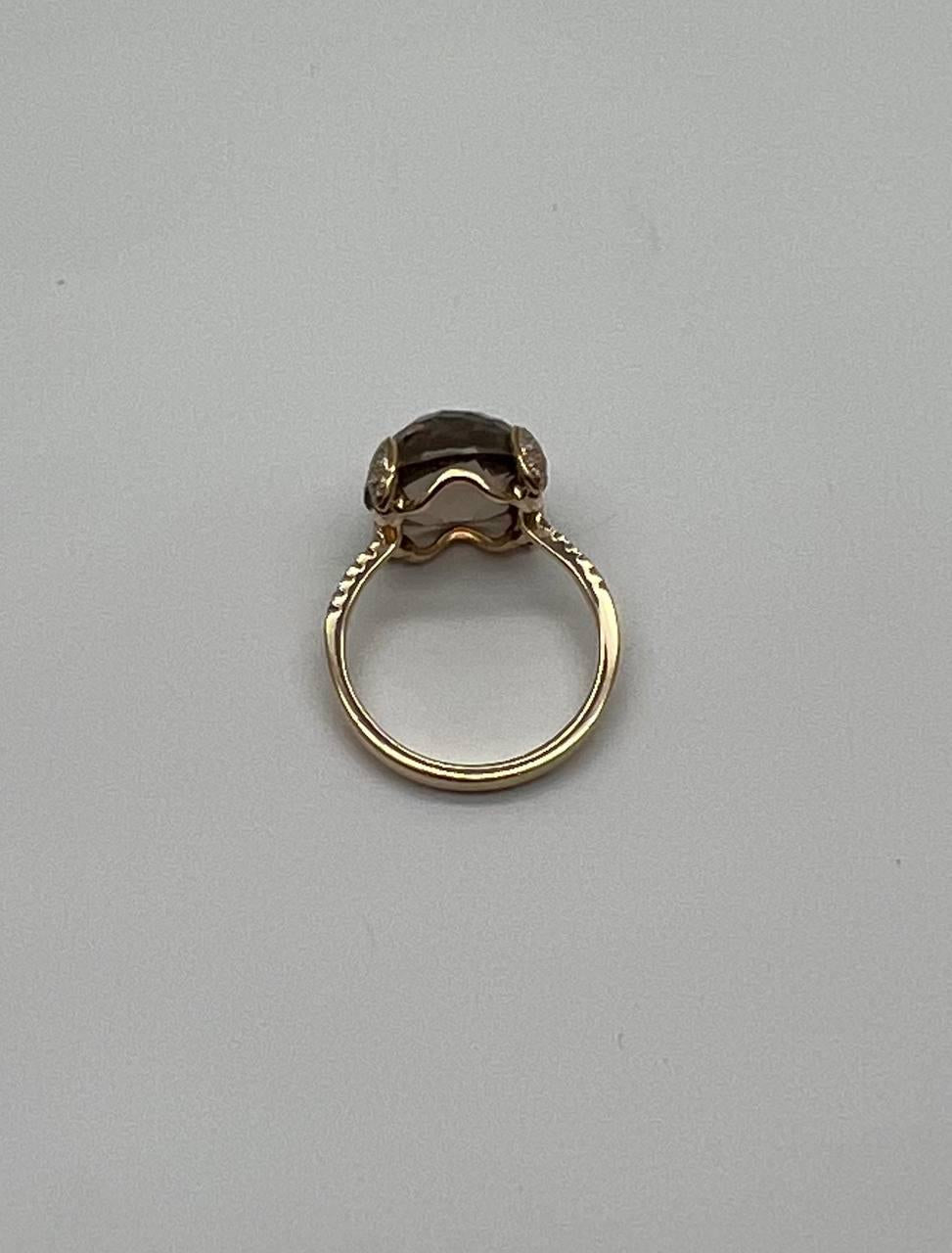 Round Shape Brown Smoky Quartz Diamond Accented Pave 14K Yellow Gold Ring