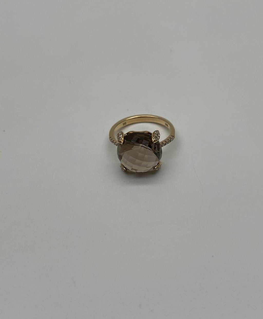Round Shape Brown Smoky Quartz Diamond Accented Pave 14K Yellow Gold Ring