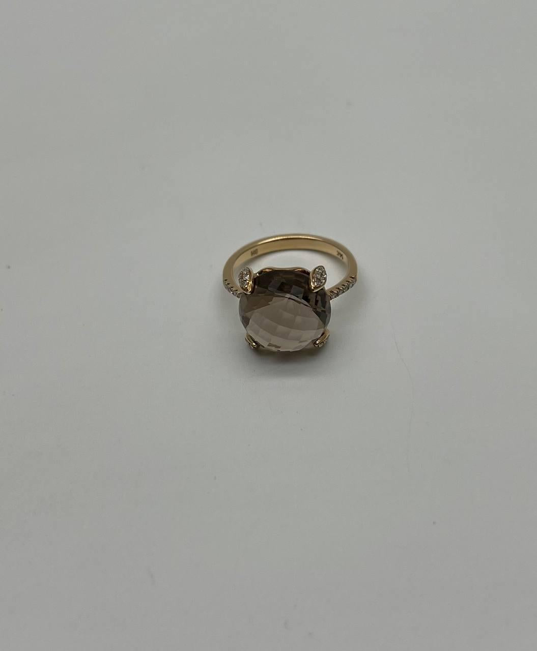Round Shape Brown Smoky Quartz Diamond Accented Pave 14K Yellow Gold Ring