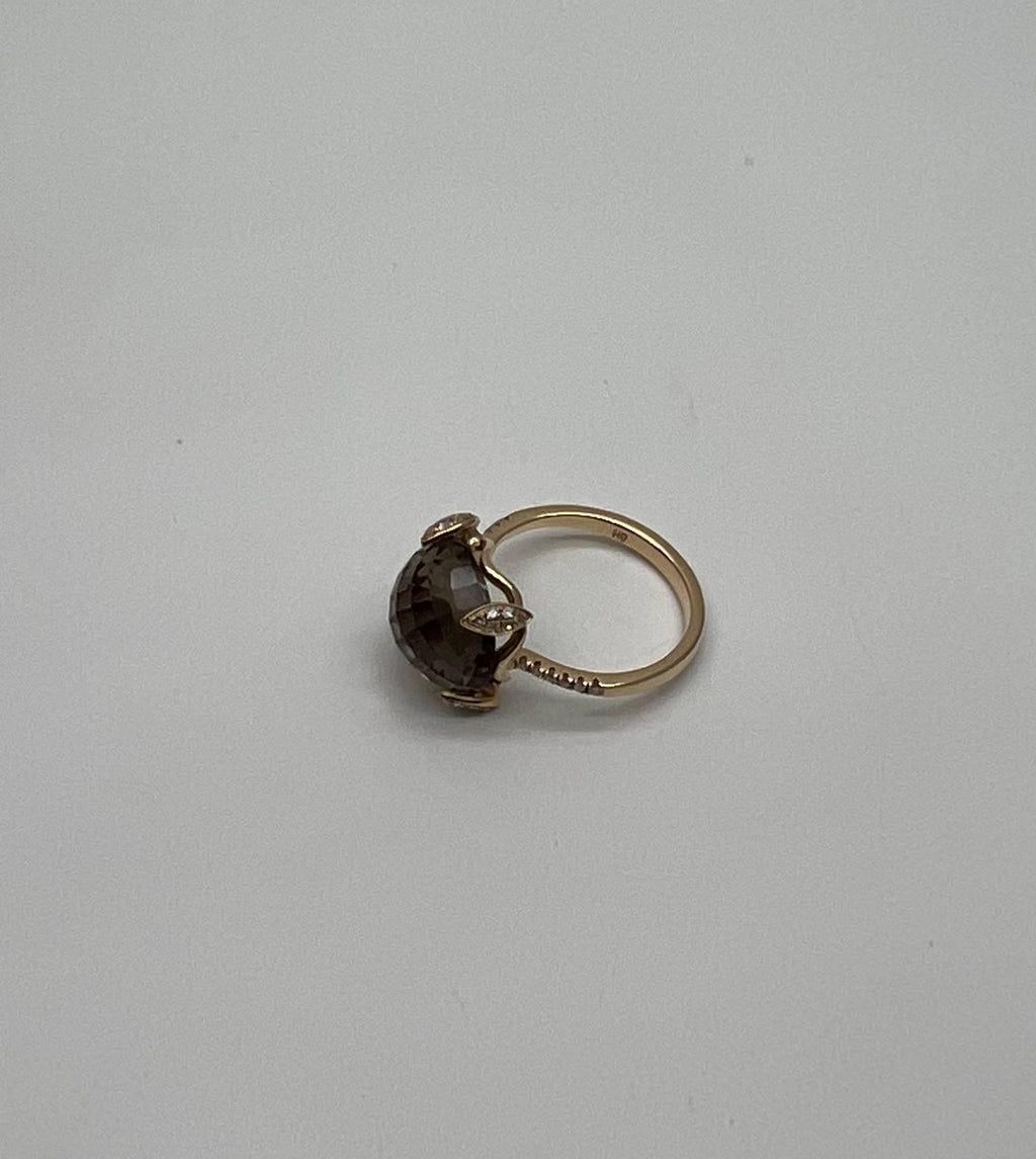 Round Shape Brown Smoky Quartz Diamond Accented Pave 14K Yellow Gold Ring