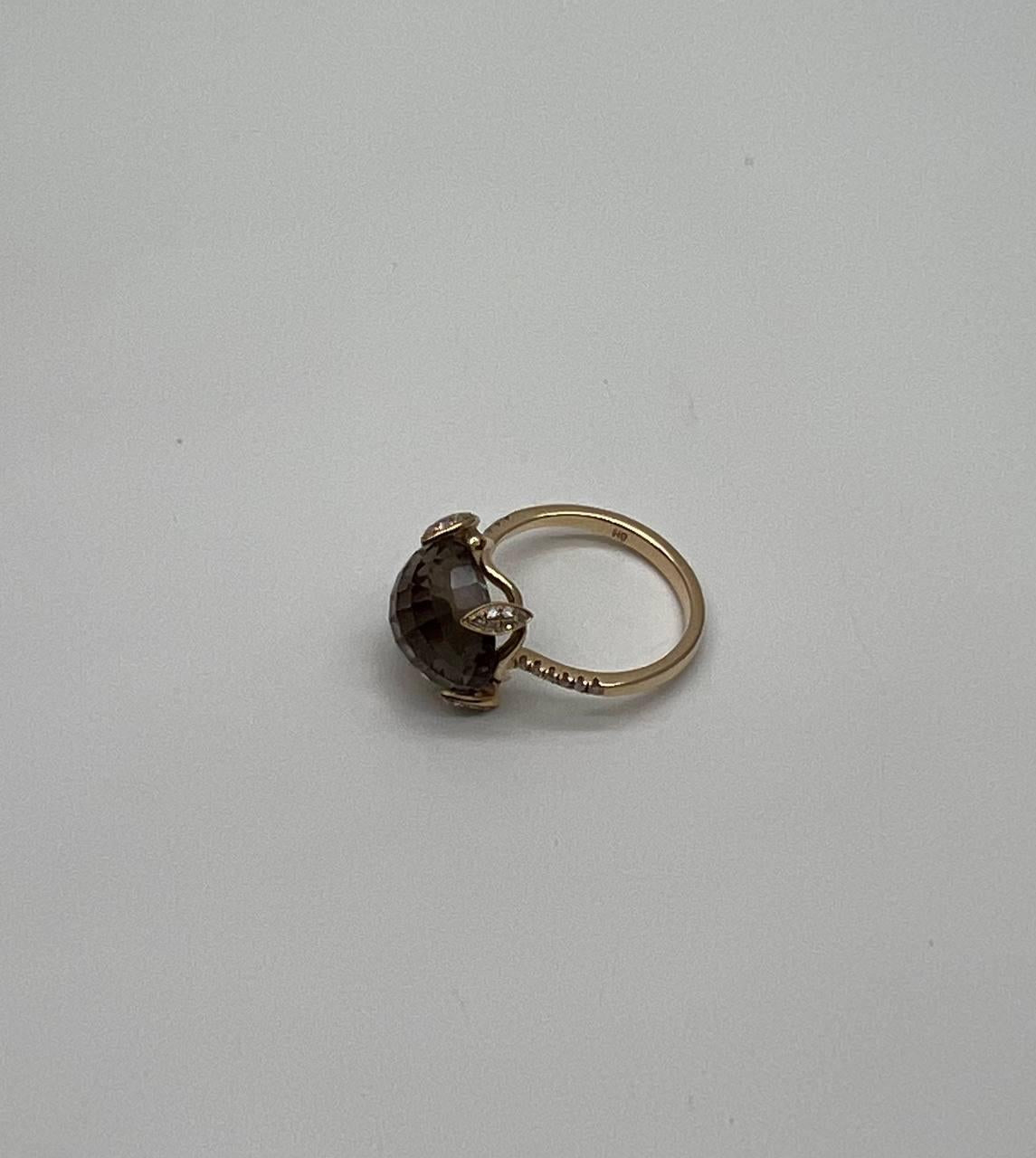 Round Shape Brown Smoky Quartz Diamond Accented Pave 14K Yellow Gold Ring