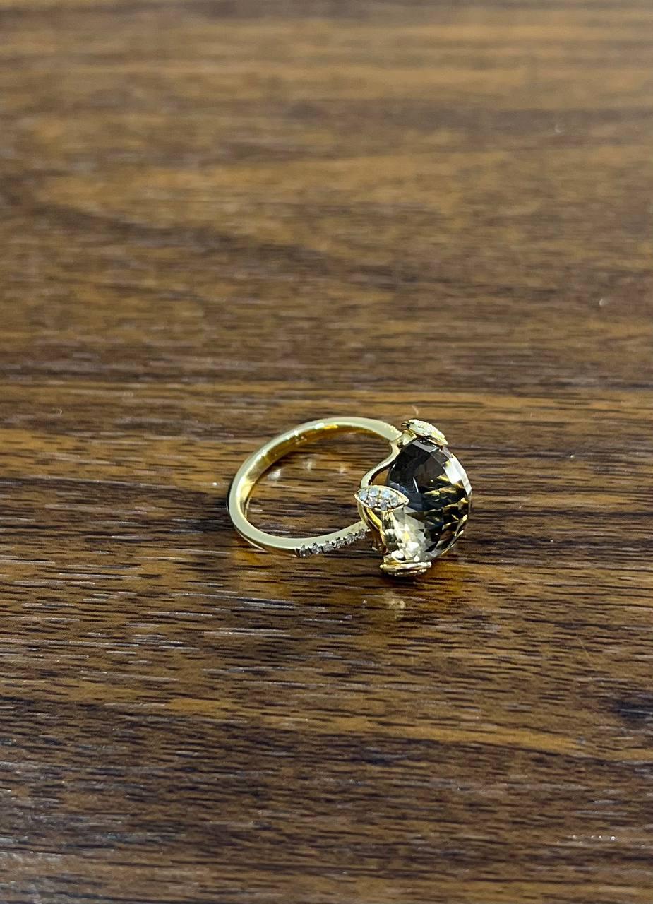 Round Shape Brown Smoky Quartz Diamond Accented Pave 14K Yellow Gold Ring