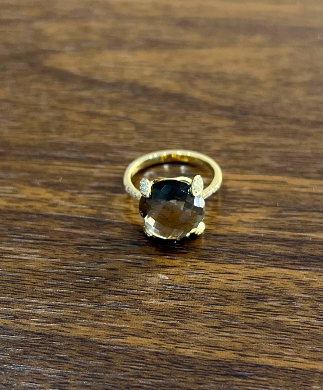 Round Shape Brown Smoky Quartz Diamond Accented Pave 14K Yellow Gold Ring