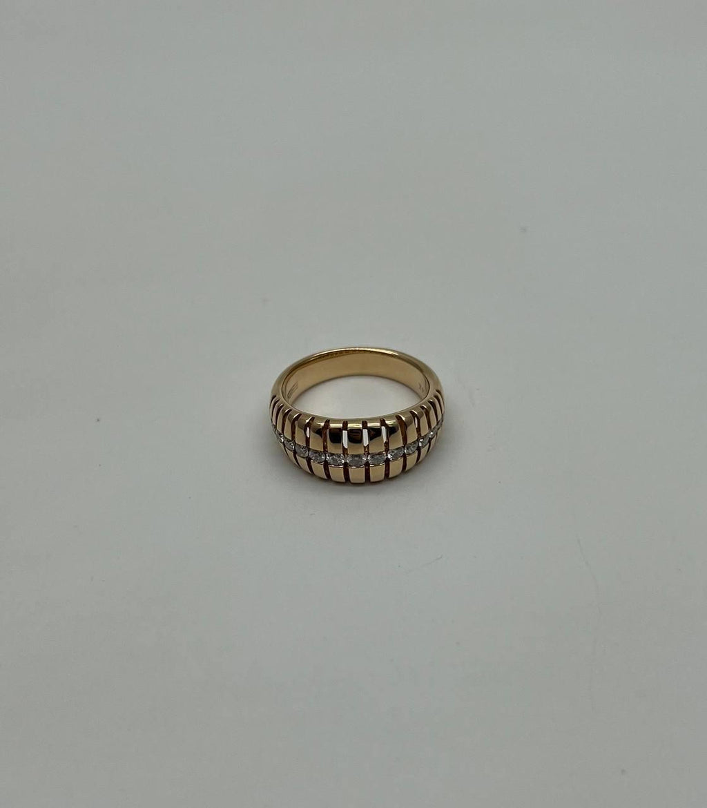 Unique Shape Diamond Channel Set 14K Yellow Gold Cocktail Grooved Dome Band Ring