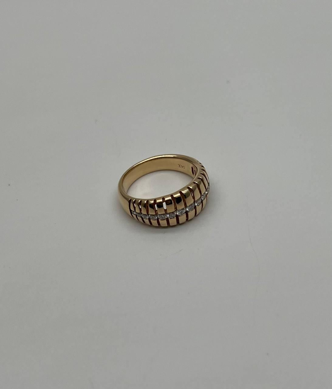 Unique Shape Diamond Channel Set 14K Yellow Gold Cocktail Grooved Dome Band Ring