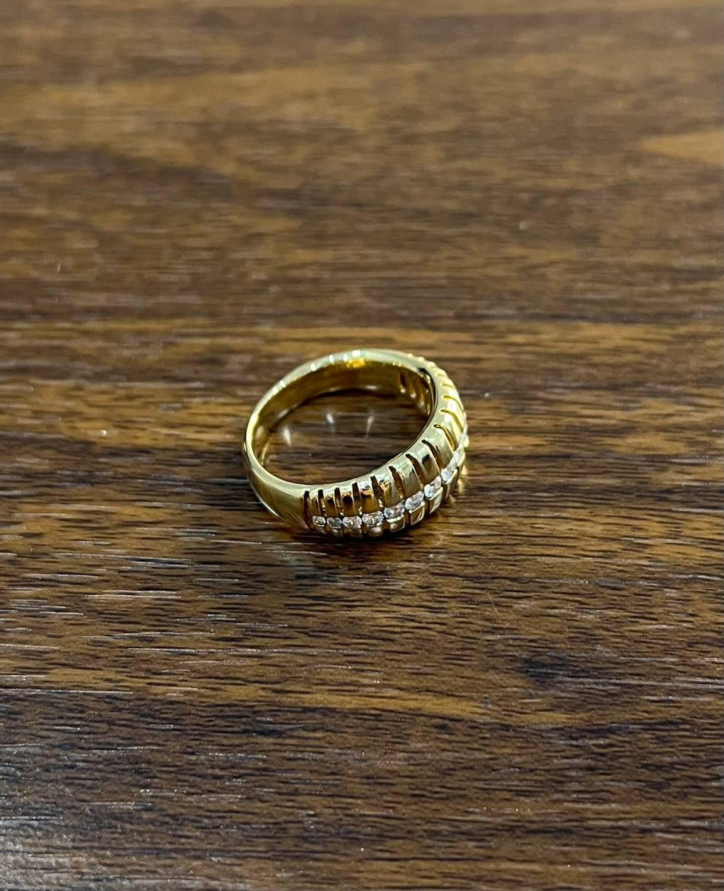 Unique Shape Diamond Channel Set 14K Yellow Gold Cocktail Grooved Dome Band Ring