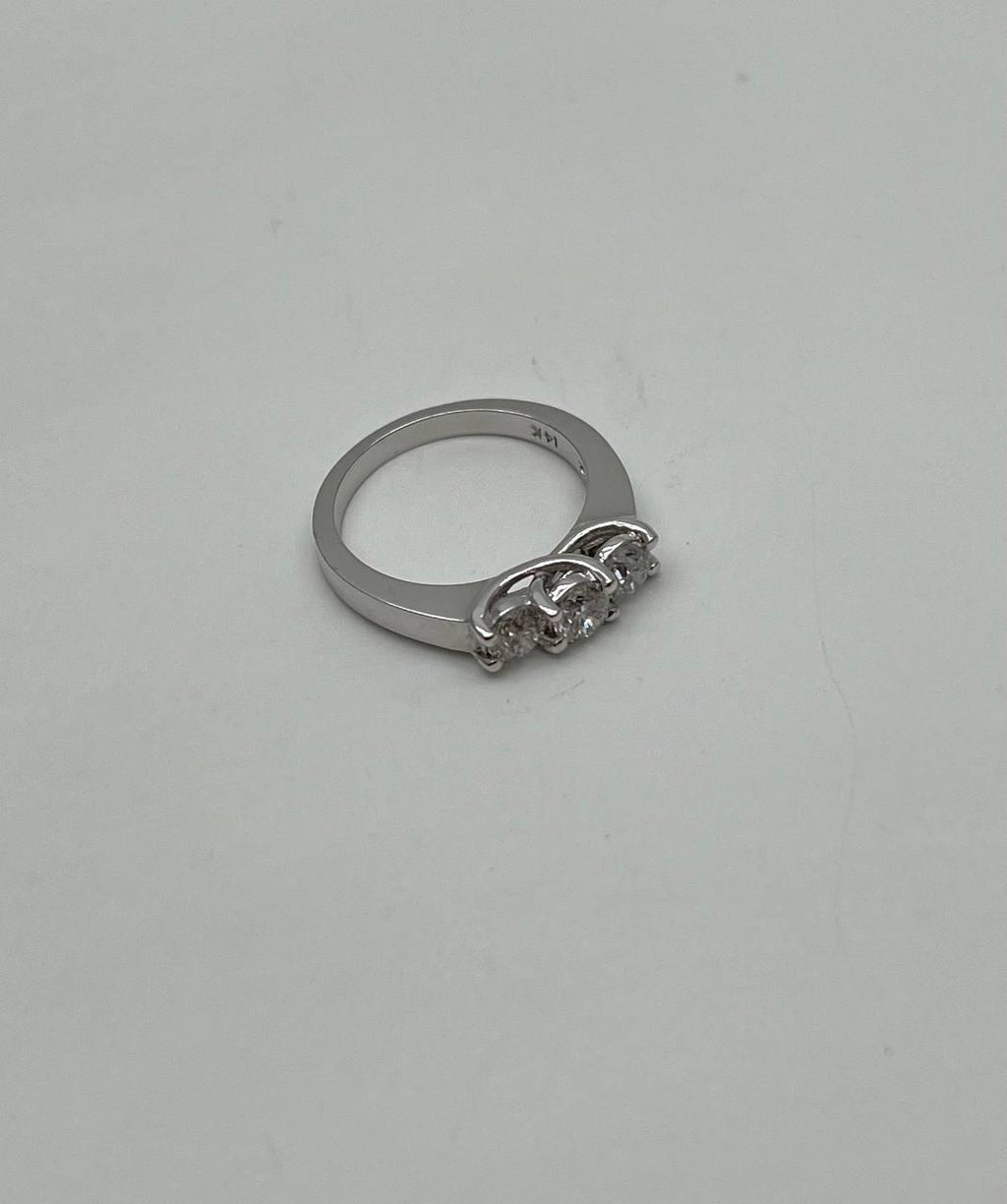 Three Stone Round Shape Brilliant Cut White Diamond White Gold Statement Ring