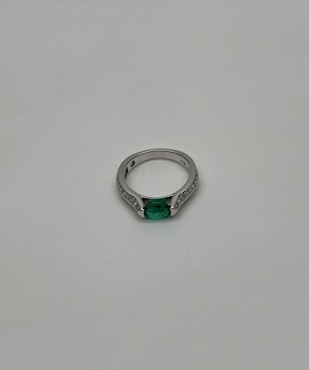 Green Emerald Oval Shape Diamond Channel Set 14K White Gold Statement Ring