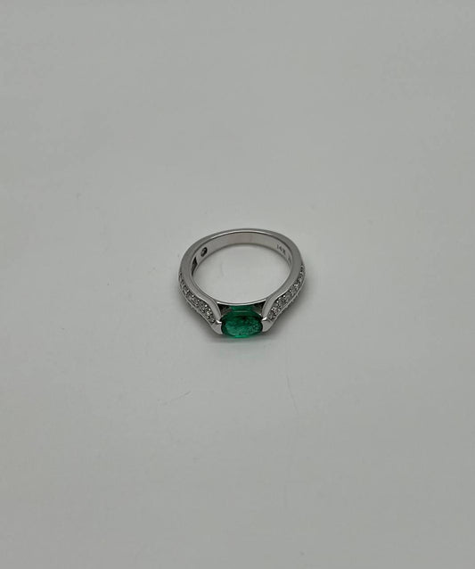Green Emerald Oval Shape Diamond Channel Set 14K White Gold Statement Ring