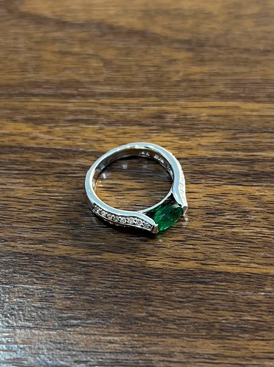 Oval Shape Green Emerald Horizontal Set 14K White Gold Diamonds Pave Ring