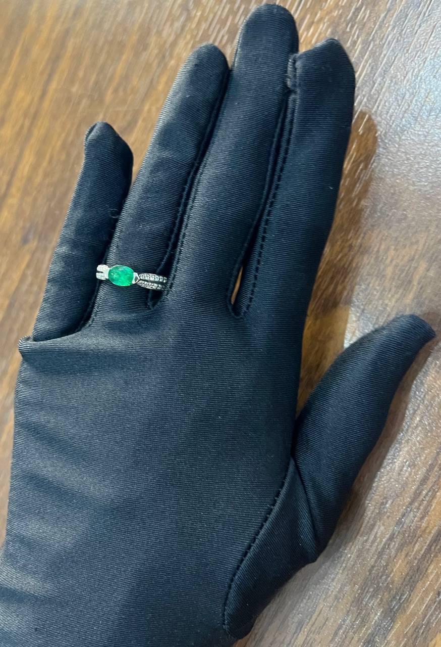 Oval Shape Green Emerald Horizontal Set 14K White Gold Diamonds Pave Ring