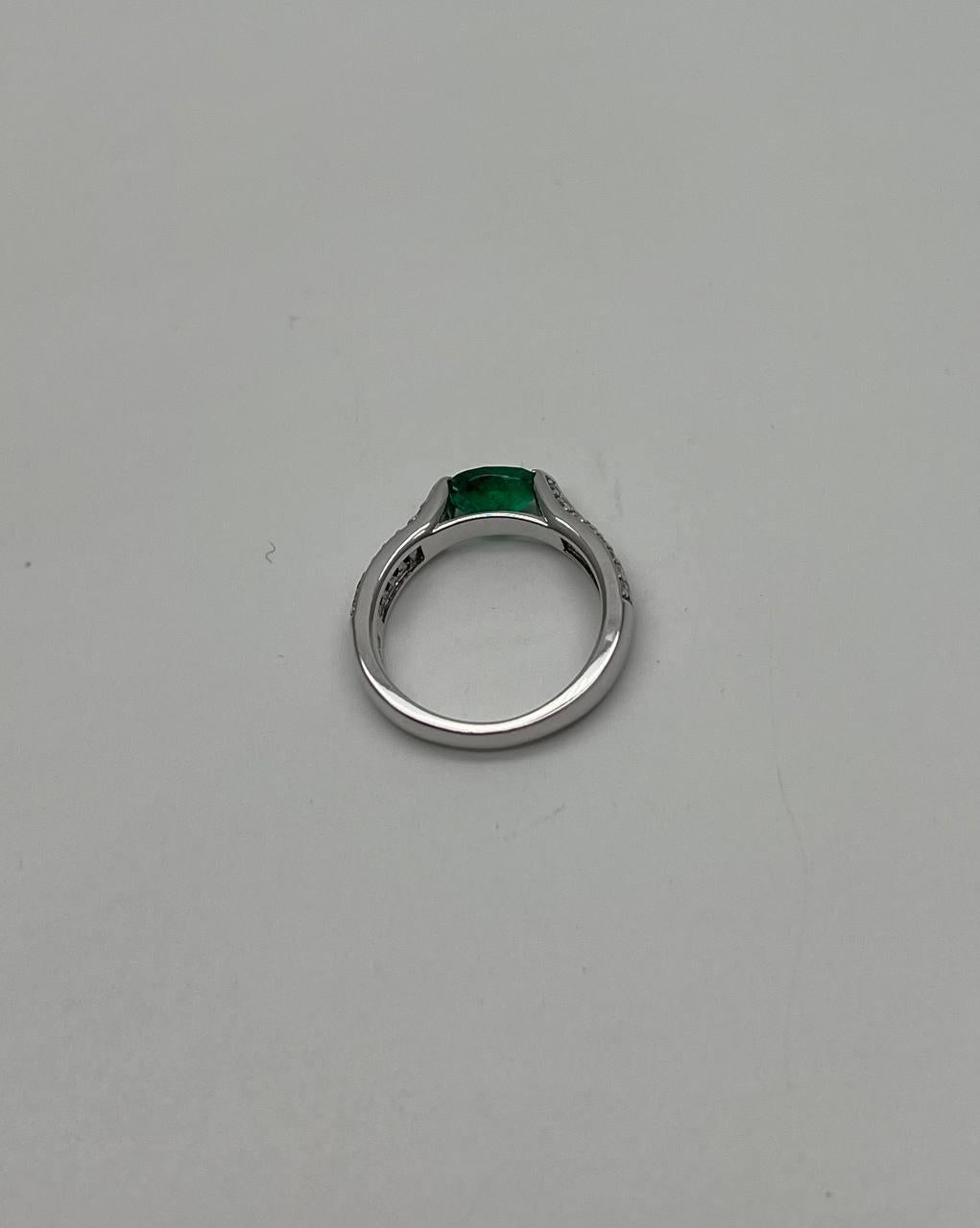 Oval Shape Green Emerald Horizontal Set 14K White Gold Diamonds Pave Ring